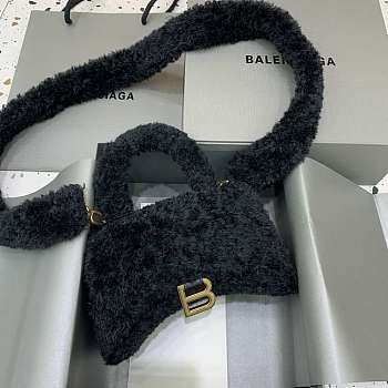Balenciaga Furry Hourglass Xs Handbag With Strap Black size 19x8x11 cm