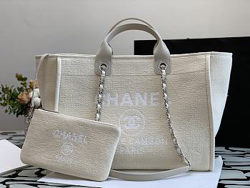 Chanel Deauville Large Shopping Bag White Boucle Silver Hardware 38cm