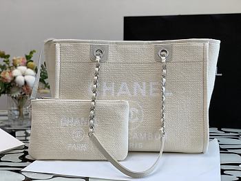 Chanel Deauville Medium Shopping Bag White Boucle Silver Hardware 38cm