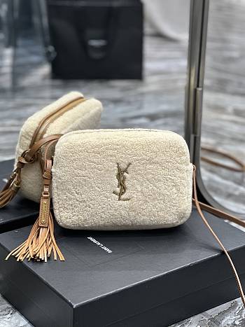 YSL Lou Camera Bag in Merino Shearling Natural Beige/Brick size 23 x 16 x 6 cm