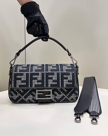Fendi Baguette Gray Houndstooth Wool Bag With FF Embroidery 27x6.5x15 cm