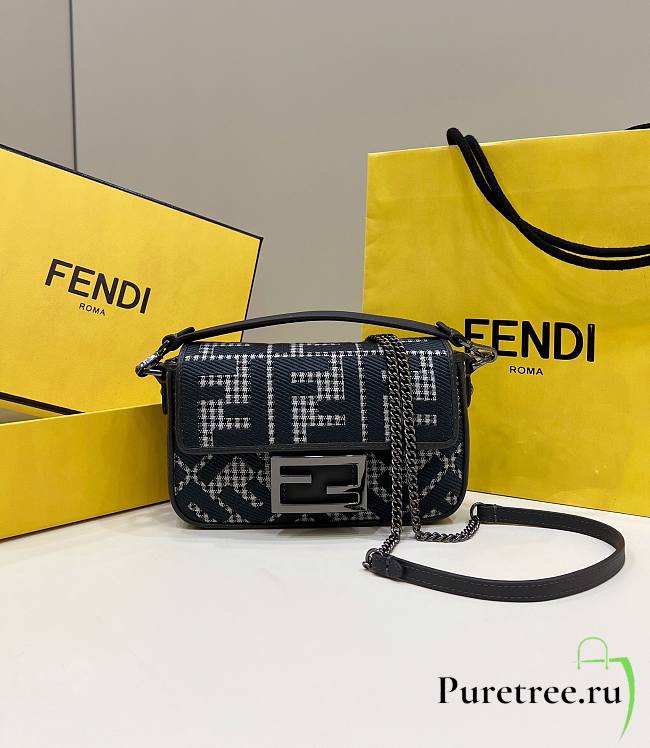 Fendi Baguette Mini Gray Houndstooth Wool With FF Embroidery 19x11.5x4 cm - 1