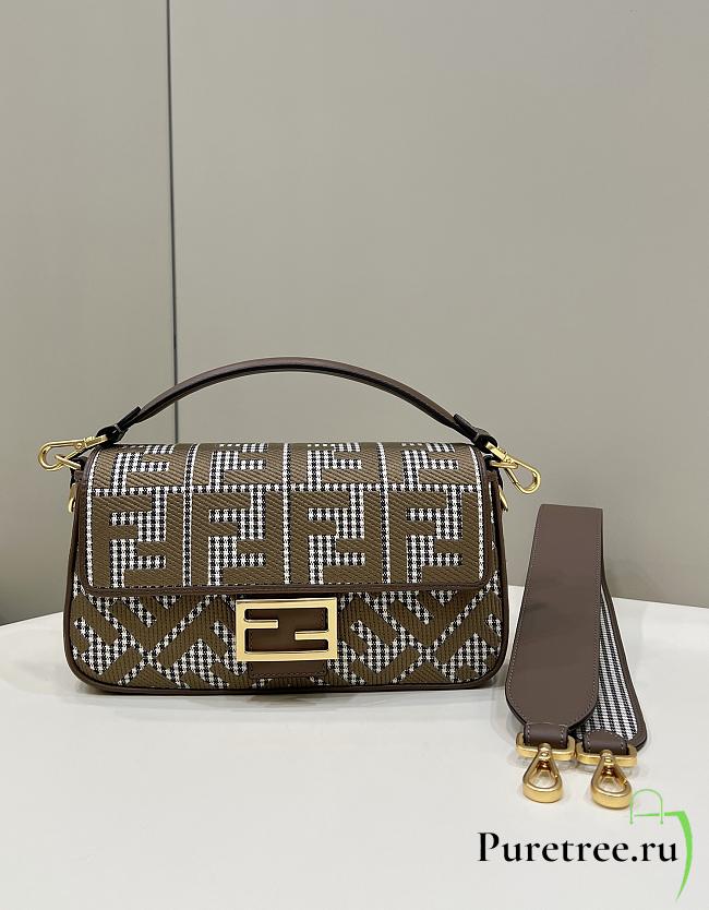 Fendi Baguette Brown Houndstooth Wool Bag With FF Embroidery 27x6.5x15 cm - 1