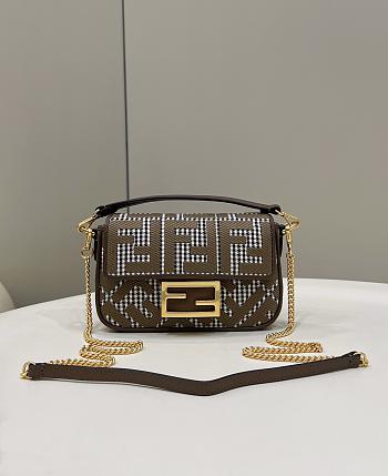 Fendi Baguette Mini Brown Houndstooth Wool With FF Embroidery 19x11.5x4 cm