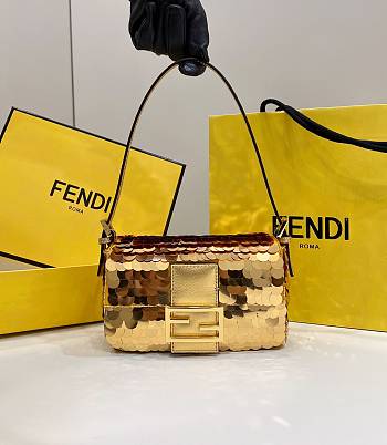 Fendi Mini Baguette 1997 Gold-colored Leather & Sequinned Bag 19x6x11 cm