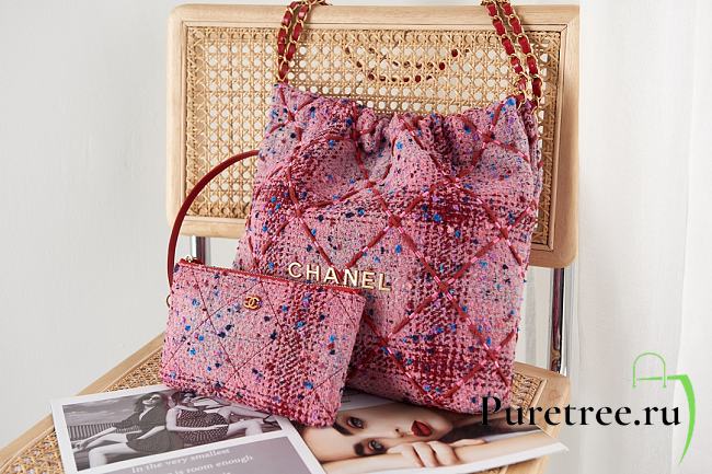 Chanel 22 Handbag Pink/Burgundy & Multicolor Tweed & Gold-Tone Metal  - 1
