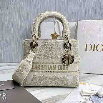  Dior Medium Lady D-Lite Bag Gold-Tone Dior Around the World Stella Embroidery