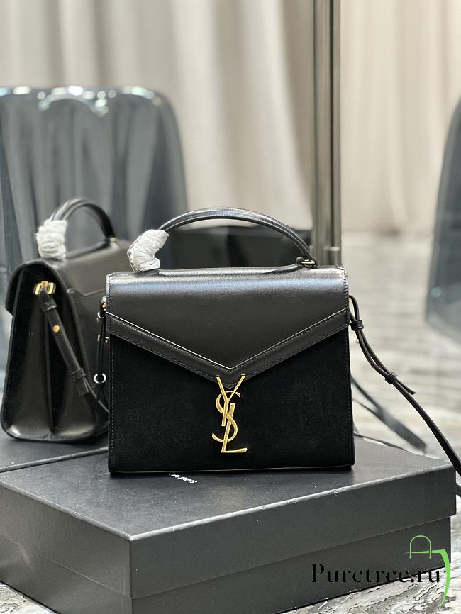 YSL Cassandra Medium Top Handle Bag Black Velvet & Smooth Leather 24.5cm - 1