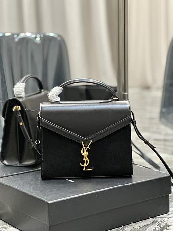 YSL Cassandra Medium Top Handle Bag Black Velvet & Smooth Leather 24.5cm