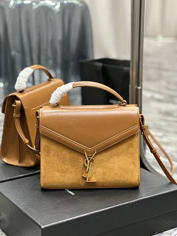 YSL Cassandra Medium Top Handle Bag Brown Velvet & Smooth Leather 24.5cm