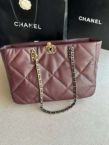 Chanel 19 Shopping Bag Dark Brown Shiny Lambskin AS3660 size 24x41x10 cm