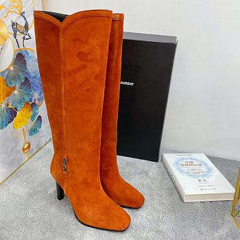 YSL Jane Monogram Boots In Suede Caramel 