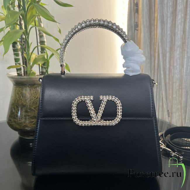 Valentino Small Vsling Handbag Black Calfskin With Jewel Handle Size 22 cm - 1