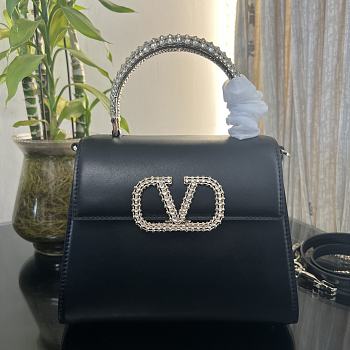 Valentino Small Vsling Handbag Black Calfskin With Jewel Handle Size 22 cm