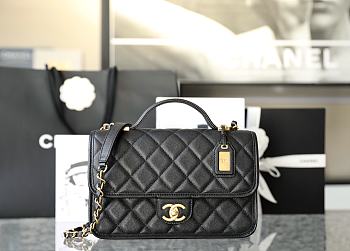 Chanel Small Flap Bag With Top Handle Black Grain Leather AS3653 Size 25 cm