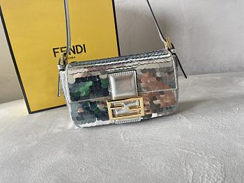Fendi Mini Baguette 1997 Silver Satin Bag With Sequins 19.5x11x5 cm
