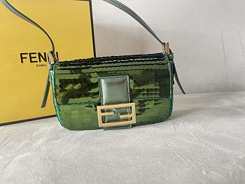 Fendi Mini Baguette 1997 Green Satin Bag With Sequins 19.5x11x5 cm