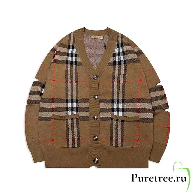 Burberry Cut-out Sleeve Check Cardigan in Brown - 1