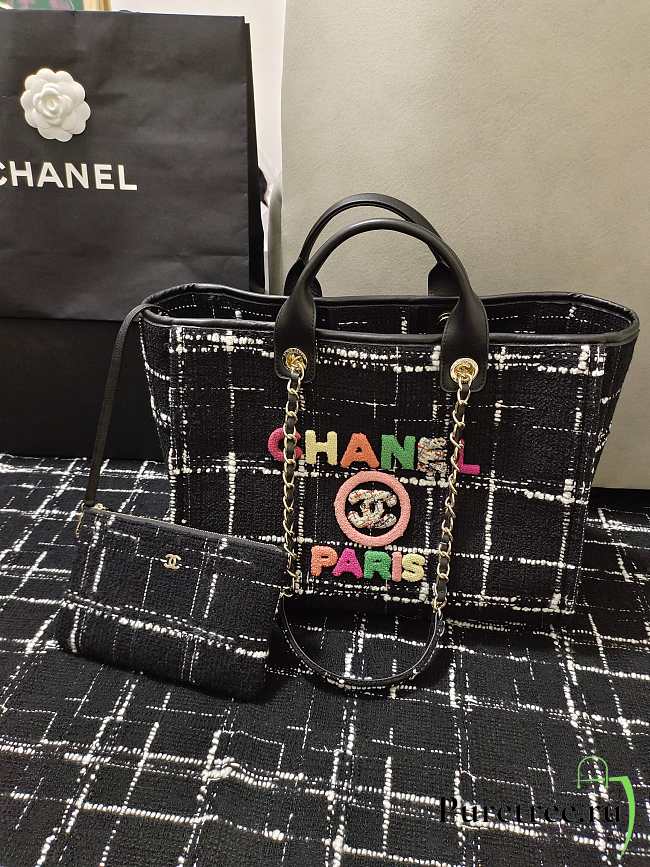 Chanel Large Shopping Bag Wool Tweed & Gold-Tone Metal Black/Multicolor - 1