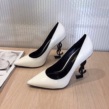 YSL Opyum Pumps In White Patent Leather With Black Heel