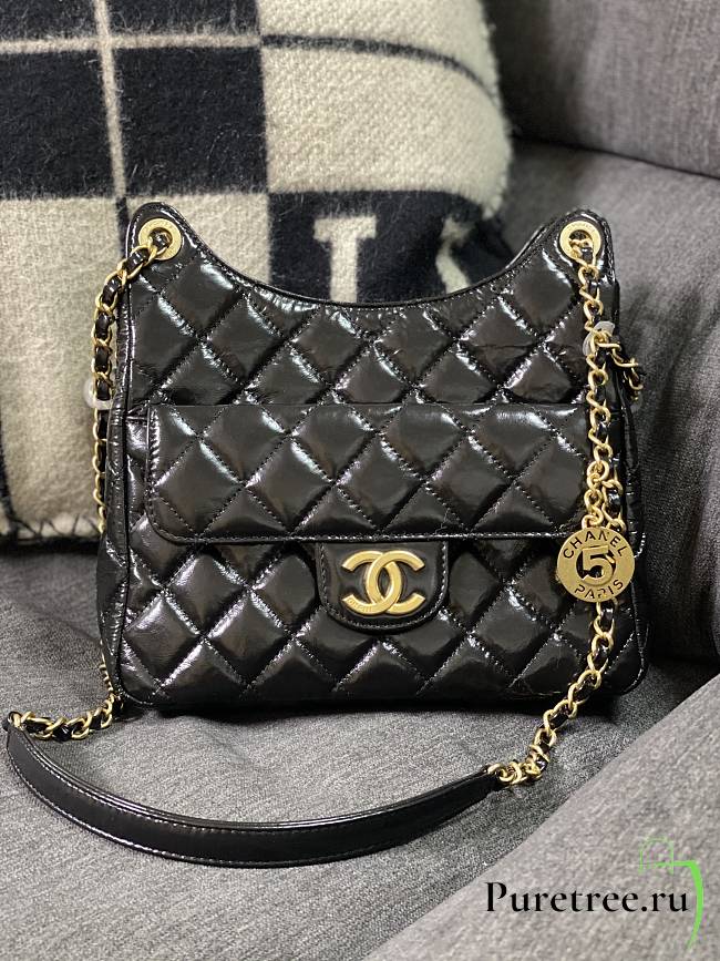 Chanel Hobo Bag Glossy Calf Leather & Gold Plated Metal Black AS3690 - 1