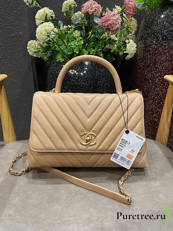 Chanel Coco Grained Calfskin V Quilting Flap Bag Beige 29×18×12cm - 1