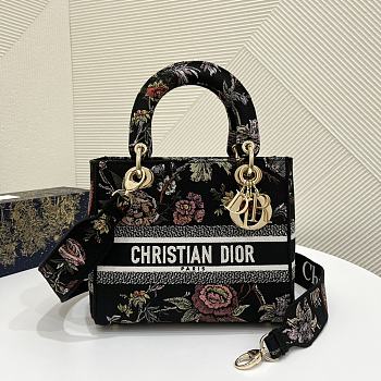 Dior Medium Lady D-Lite Bag Black Multicolor Dior Jardin Botanique Embroidery