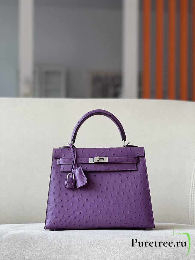 HERMES Kelly Purple Ostrich Handbag Silver Hardware size 25 x 17 x 7 cm - 1