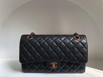 CHANEL Classic Flap Bag Black Caviar Leather Rose Gold Hardware 25.5cm 
