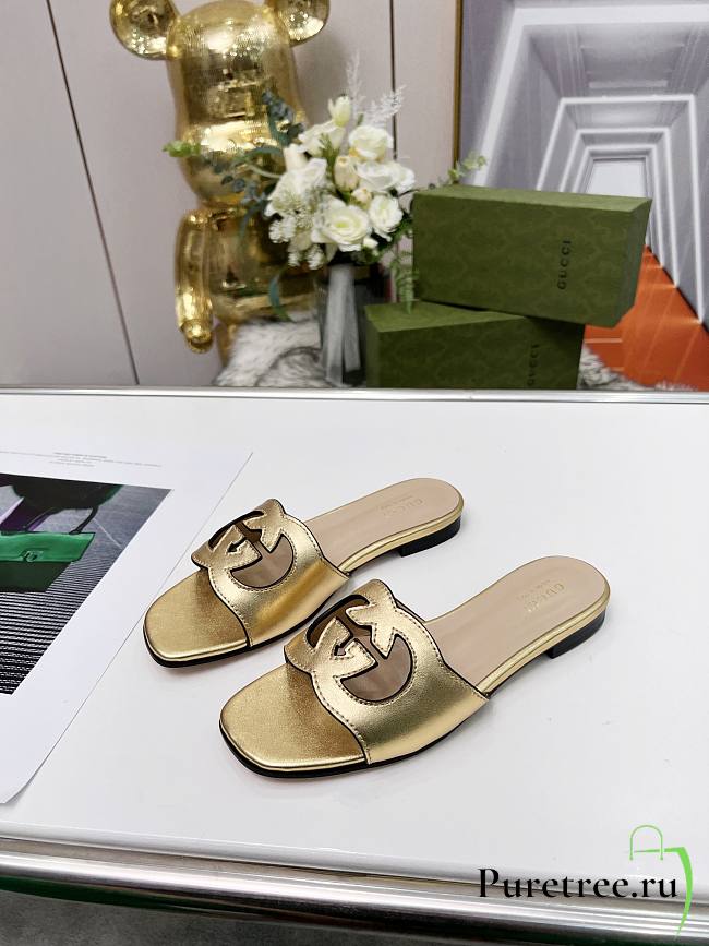 Gucci Women's Interlocking G Cut-Out Slide Sandal Gold - 1