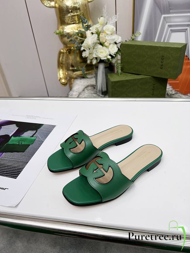 Gucci Women's Interlocking G Cut-Out Slide Sandal Green - 1