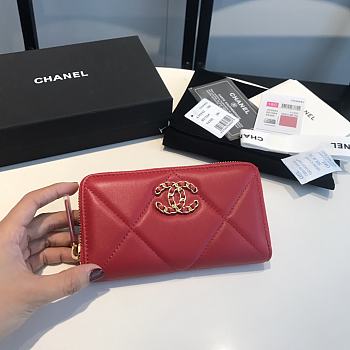 Chanel 19 Zipped Wallet Red Lambskin Quilted size 16.5 x 9 cm