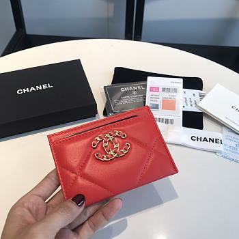 Chanel 19 Card Holder Red Lambskin Quilted size 7.5 x 11 cm