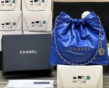 Chanel 22 Small Handbag Blue Shiny Calfskin & Silver-Tone Metal 35x37x7cm