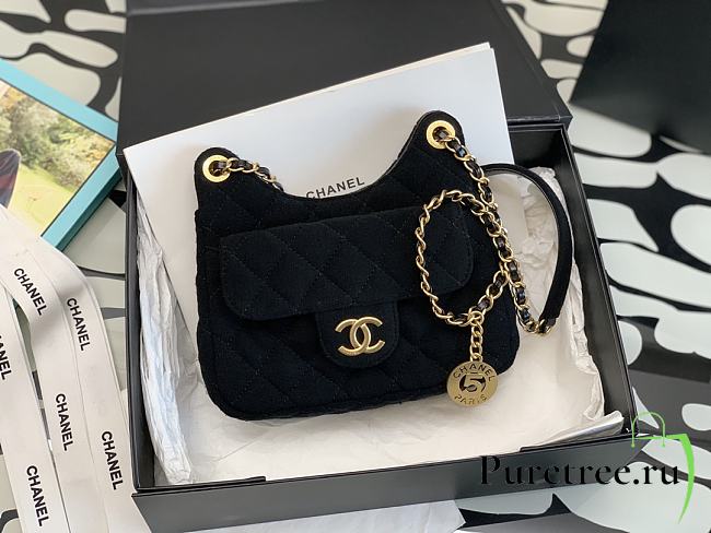 Chanel Small Hobo Bag Black Wool Jersey & Golden Metal Size 17x19x6 cm - 1