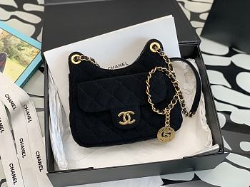 Chanel Small Hobo Bag Black Wool Jersey & Golden Metal Size 17x19x6 cm