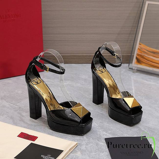 Valentino Open Toe Pump With One Stud Platform Black Patent Leather 120 mm - 1