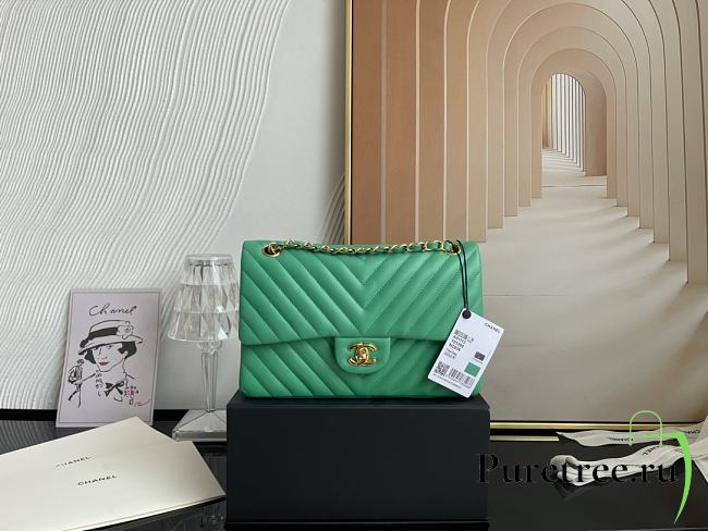 Chanel Classic Chevron Double Flap Bag Green Lambskin Gold Hardware 25cm - 1