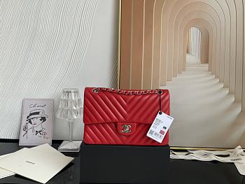 Chanel Classic Chevron Double Flap Bag Red Lambskin Silver Hardware 25cm