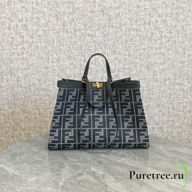 Fendi X-Tote Navy Blue Houndstooth Wool Shopper With FF Embroidery - 1