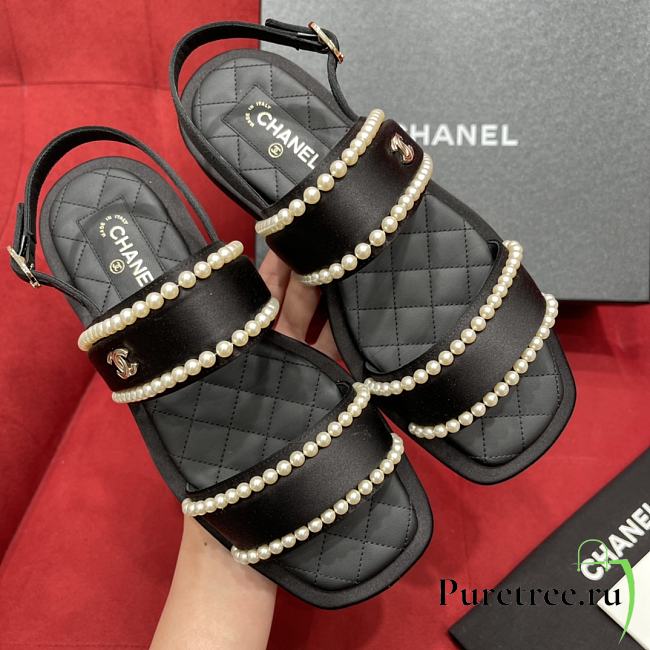 Chanel Satin & Imitation Pearls Sandals Black - 1