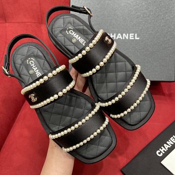 Chanel Satin & Imitation Pearls Sandals Black