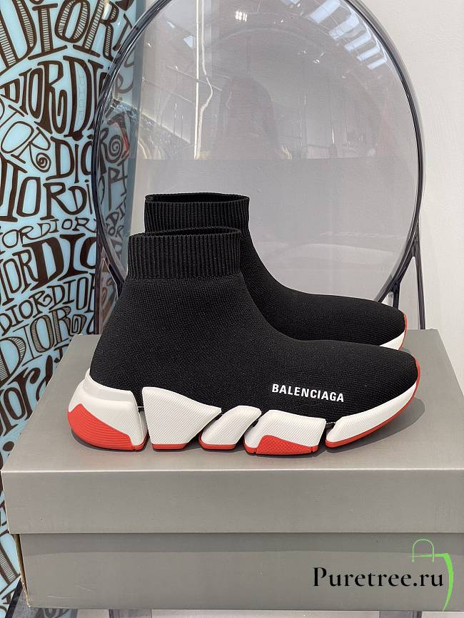 Balenciaga Speed 2.0 Clear Sole Recycled Knit Trainers Black/White/Red - 1