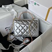Chanel Mini Flap Bag With Top Handle Silver Metallic Lambskin 20x14x7.5 cm - 6