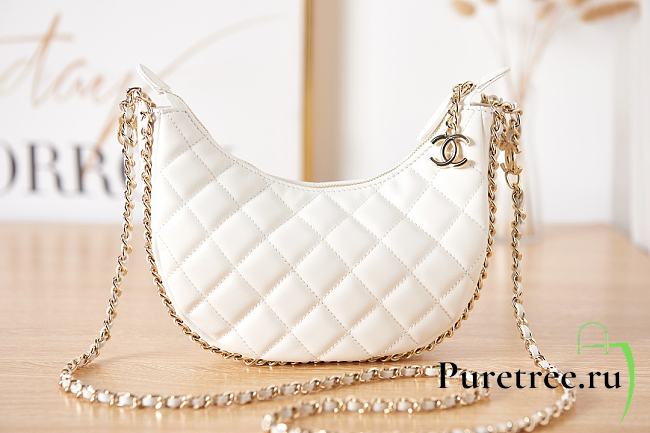 Chanel Small Hobo Bag White Lambskin & Shiny Light Gold Metal - 1