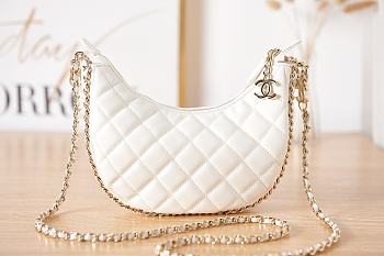 Chanel Small Hobo Bag White Lambskin & Shiny Light Gold Metal