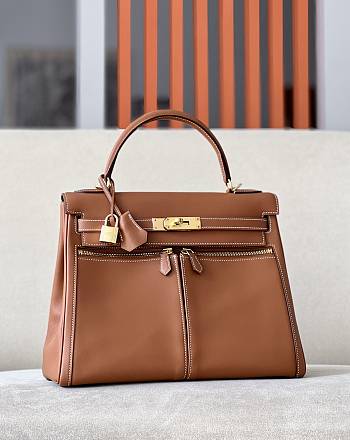 Hermes Kelly Lakis Bag Brown Swift Leather Gold Hardware 32x23x10.5 cm