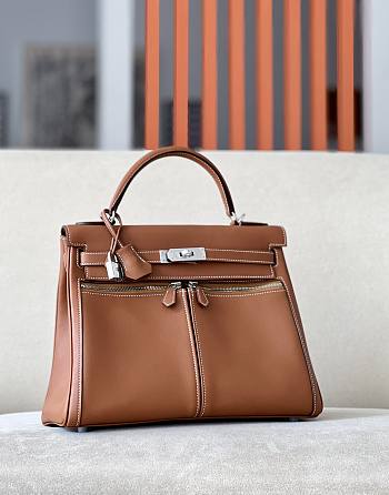 Hermes Kelly Lakis Bag Brown Swift Leather Silver Hardware 32x23x10.5 cm