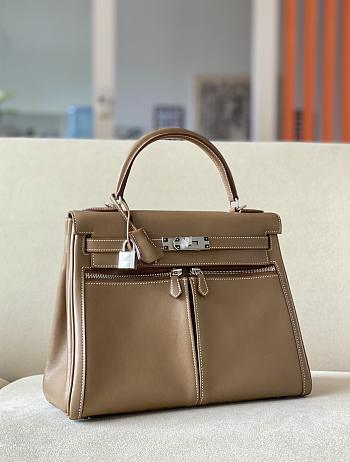 Hermes Kelly Lakis Bag Taupe Swift Leather Silver Hardware 32x23x10.5 cm