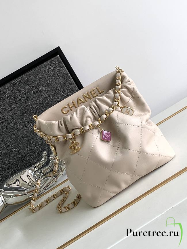 Chanel Small Bucket Bag Beige Lambskin, Resin & Gold-Tone Metal - 1